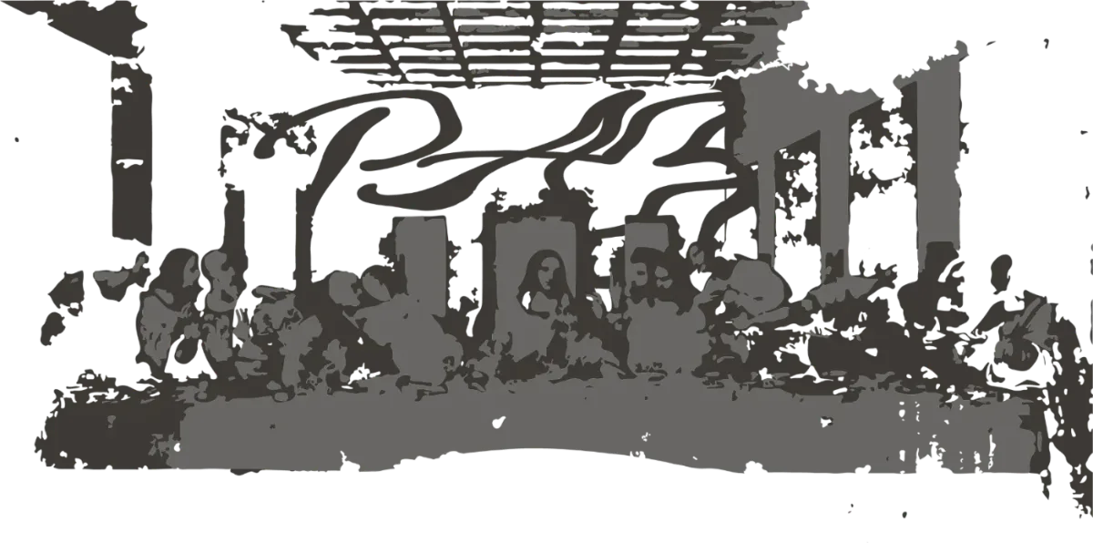 The Last Supper posterised to two greys, with PAZ written into the fresco ceiling
