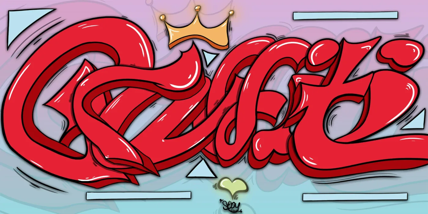 Digital graffiti piece in red with a crown