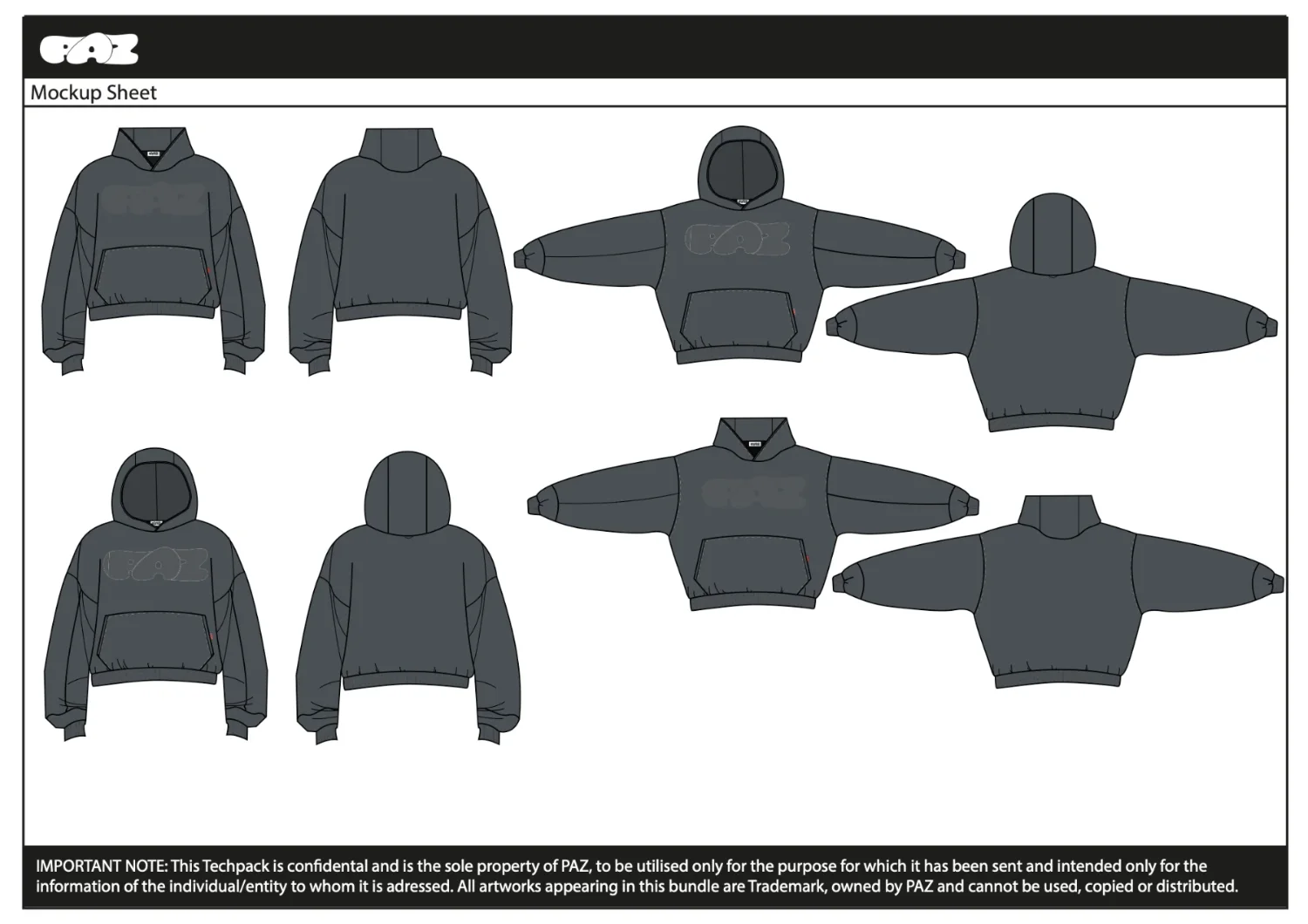 Techpack mockup sheet: eight technical flats of the PAZ logo hoodie, hood up and down