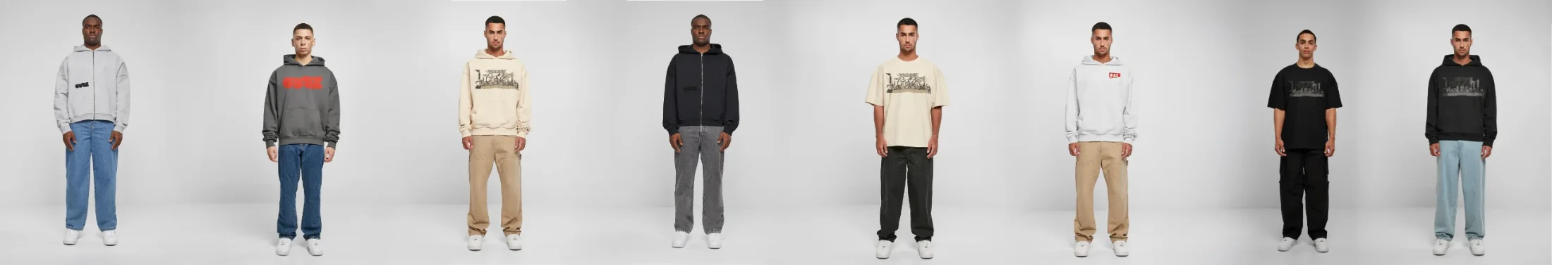 The PAZ line-up: eight hoodies and tees carrying the prints