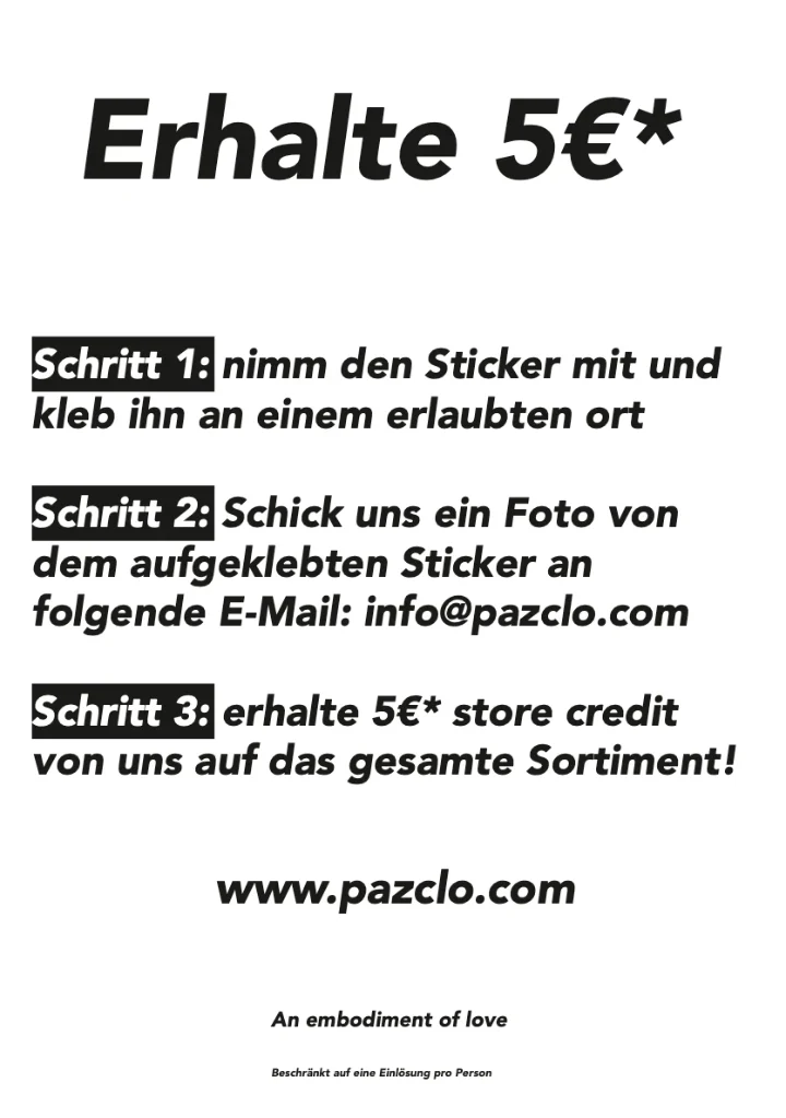 Sticker back: three steps in German offering five euro store credit