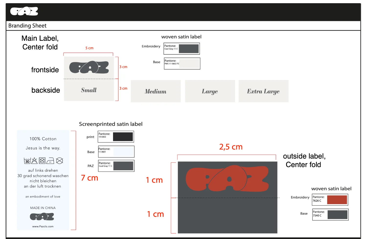 Branding sheet: main label, outside label and washcare in four sizes with materials and Pantones