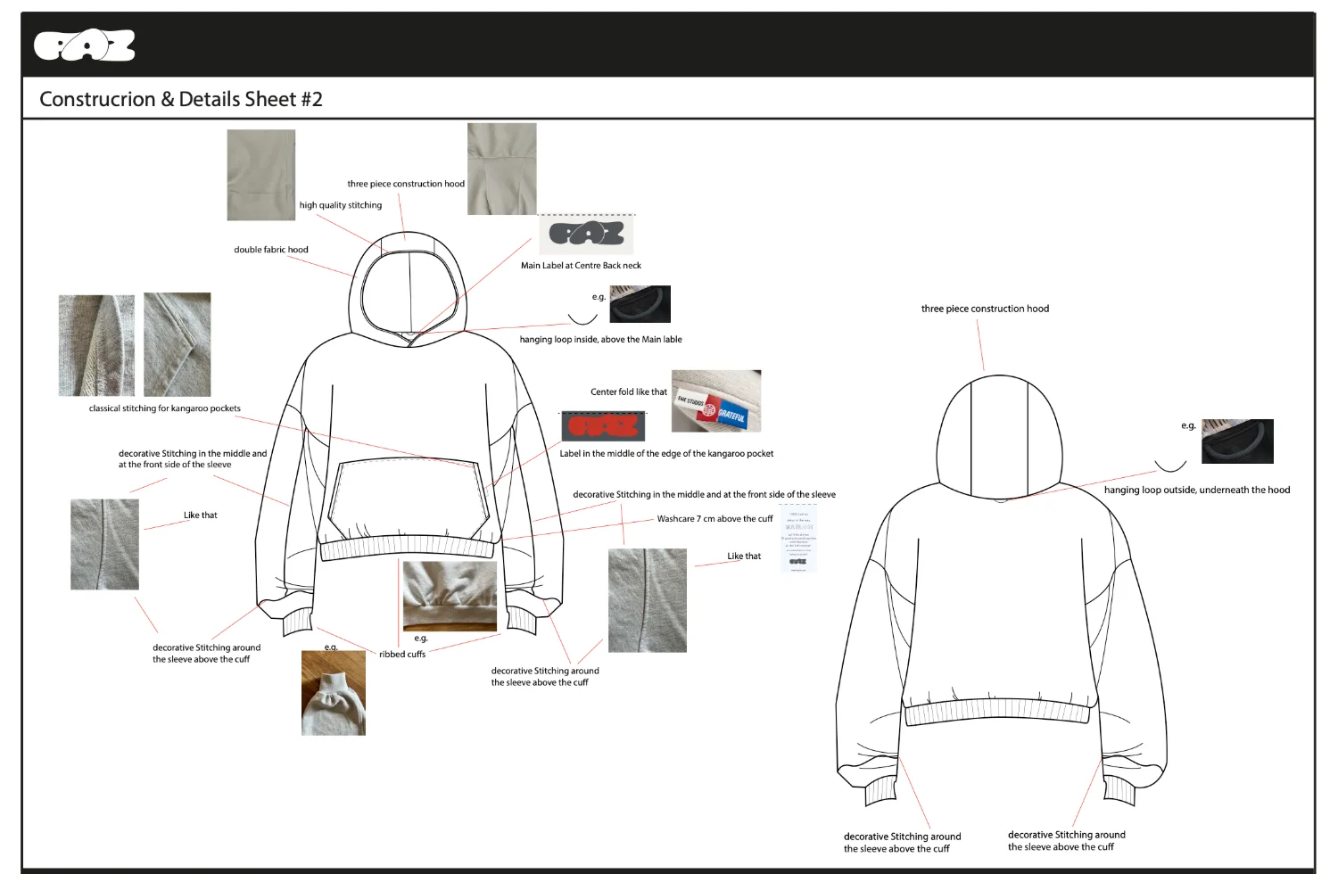 Construction and details sheet two: stitching, hood build, label and loop positions with reference photographs
