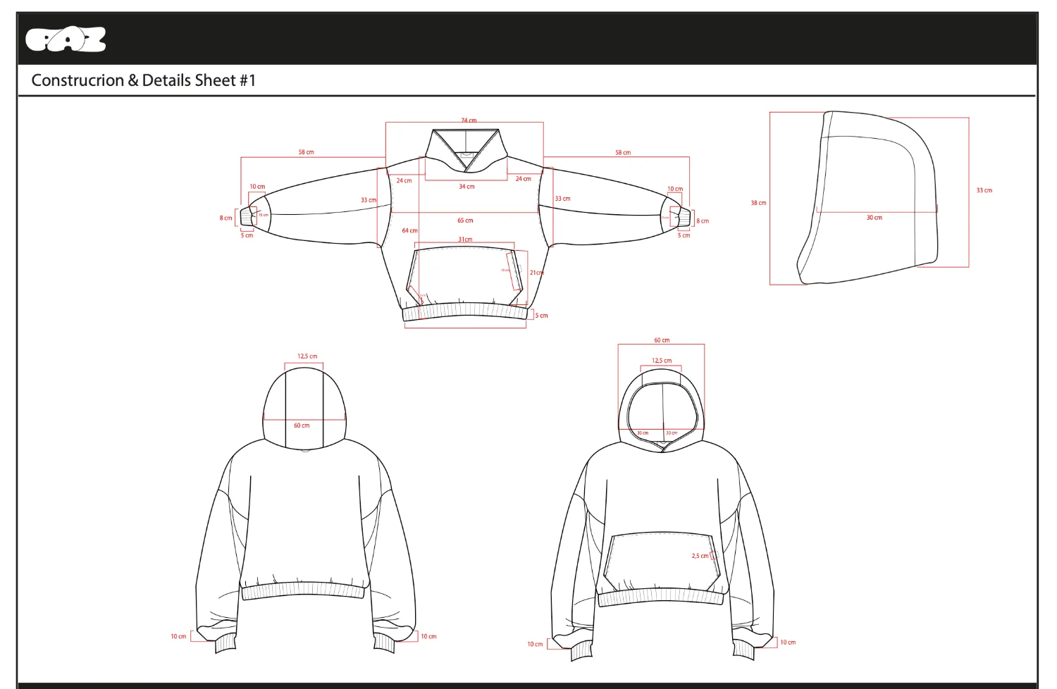 Construction and details sheet one: the full measurement set in centimetres