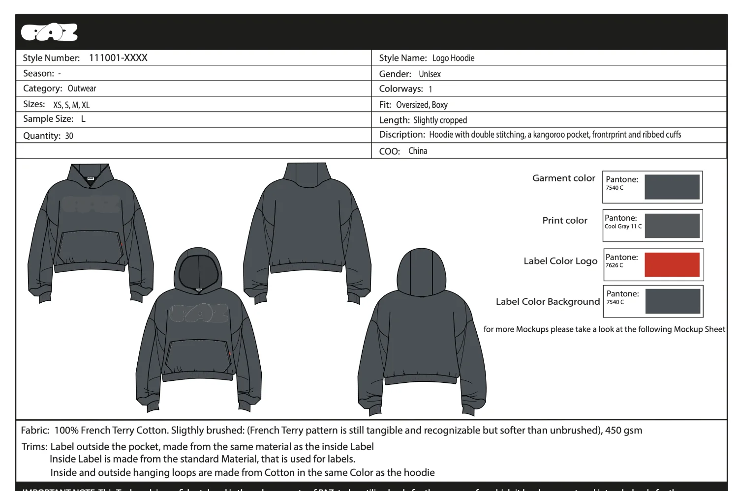 Techpack specification sheet: style number, fit, sizes, quantity, colourways and Pantones